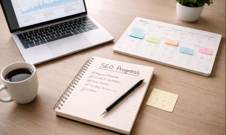 SEO planning workspace showing a realistic timeline for how long SEO takes to deliver results