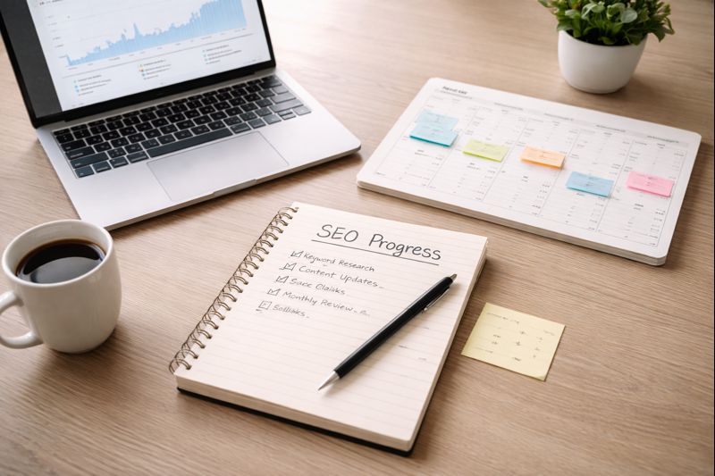 SEO planning workspace showing a realistic timeline for how long SEO takes to deliver results