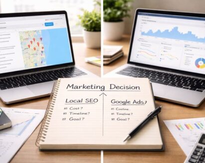 Local SEO vs Google Ads comparison showing marketing decision between organic search and paid advertising for businesses