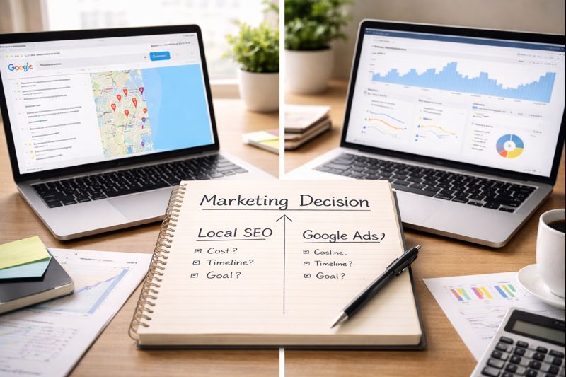 Local SEO vs Google Ads comparison showing marketing decision between organic search and paid advertising for businesses