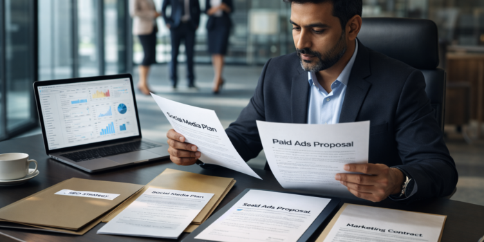 Indian business owner reviewing multiple digital marketing agency proposals and marketing contracts while comparing options to choose the right digital marketing partner in a corporate office setting.