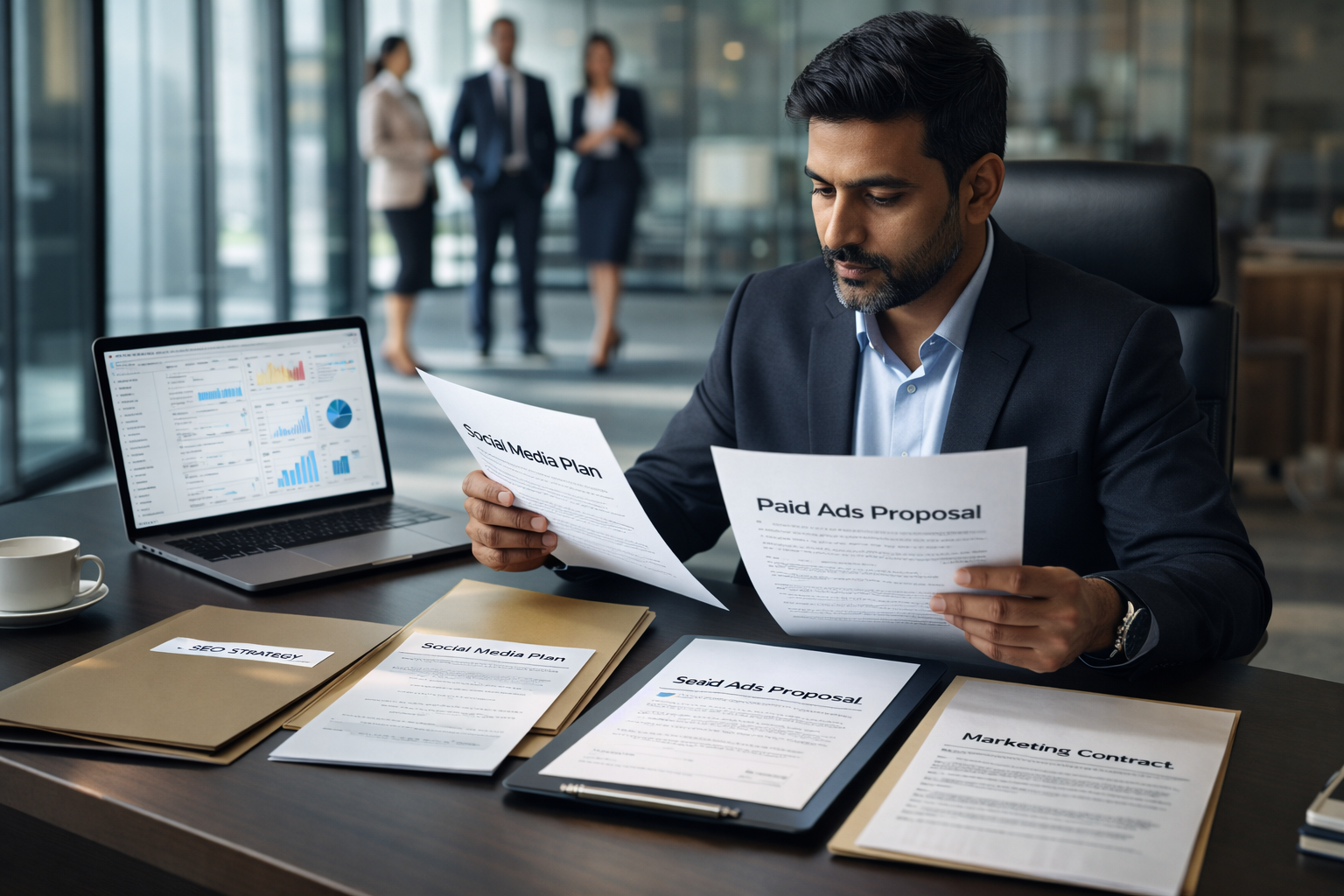 Indian business owner reviewing multiple digital marketing agency proposals and marketing contracts while comparing options to choose the right digital marketing partner in a corporate office setting.