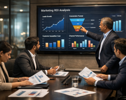 Indian business leadership team analyzing digital marketing ROI metrics on a large interactive dashboard showing lead growth, conversion funnel, and marketing performance charts in a modern corporate boardroom.