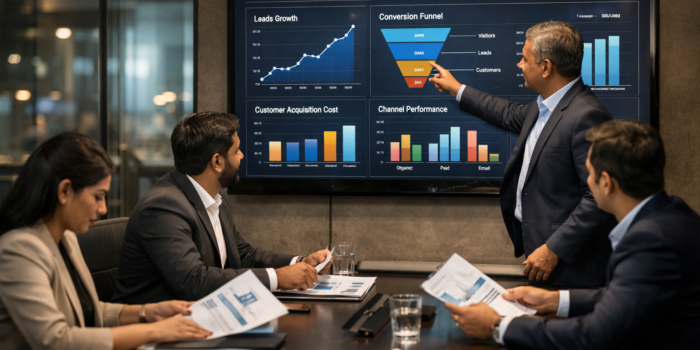 Indian business leadership team analyzing digital marketing ROI metrics on a large interactive dashboard showing lead growth, conversion funnel, and marketing performance charts in a modern corporate boardroom.