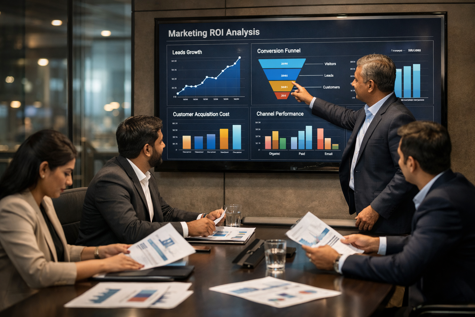 Indian business leadership team analyzing digital marketing ROI metrics on a large interactive dashboard showing lead growth, conversion funnel, and marketing performance charts in a modern corporate boardroom.
