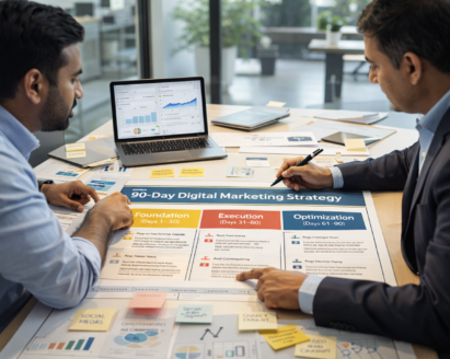 Indian small business owner and marketing consultant planning a 90 days digital marketing strategy roadmap with analytics charts, campaign planning notes, and growth framework phases in a modern office workspace.