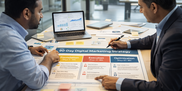 Indian small business owner and marketing consultant planning a 90 days digital marketing strategy roadmap with analytics charts, campaign planning notes, and growth framework phases in a modern office workspace.