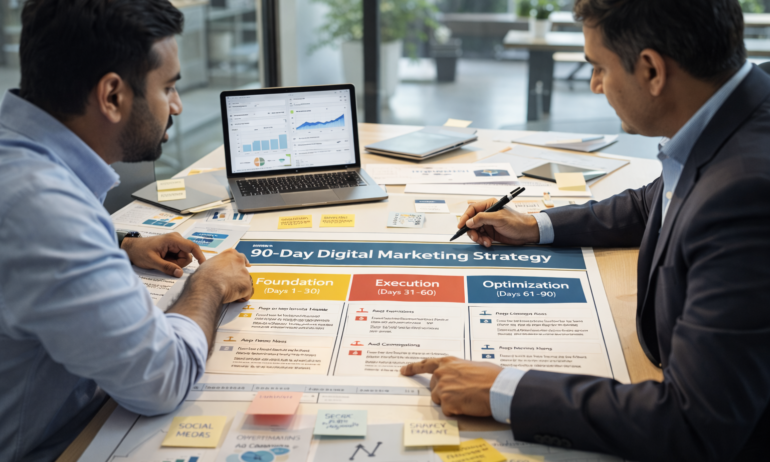 Indian small business owner and marketing consultant planning a 90 days digital marketing strategy roadmap with analytics charts, campaign planning notes, and growth framework phases in a modern office workspace.