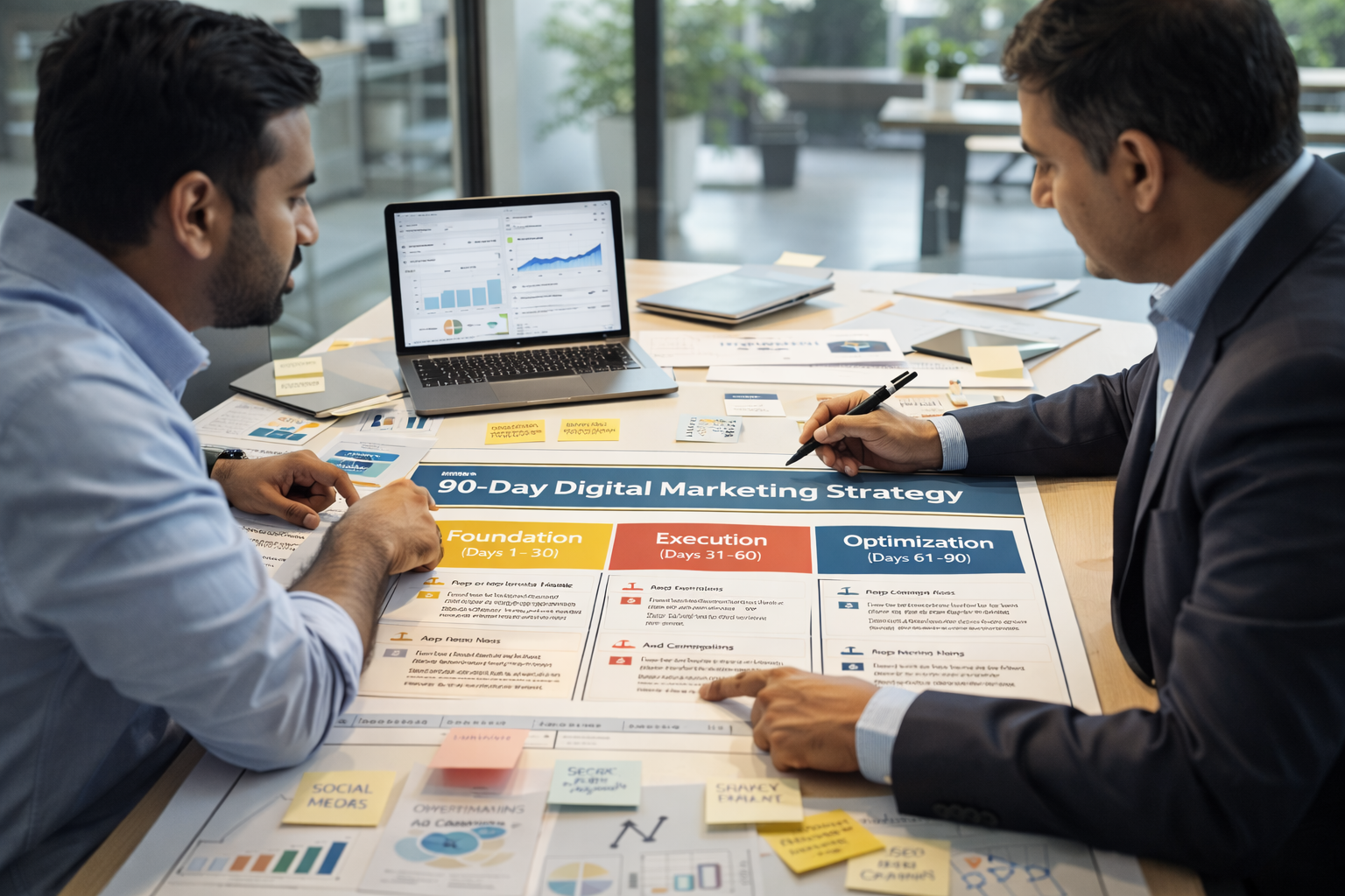 Indian small business owner and marketing consultant planning a 90 days digital marketing strategy roadmap with analytics charts, campaign planning notes, and growth framework phases in a modern office workspace.
