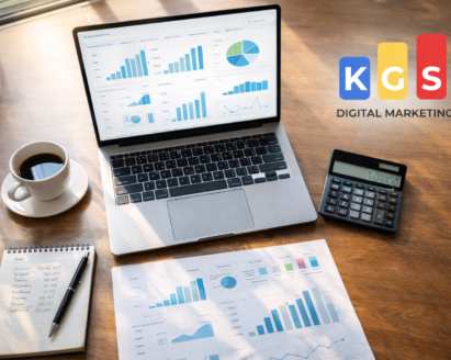 Top view of a modern wooden desk with laptop showing marketing analytics charts, calculator, budget notes, and KGS Digital Marketing logo representing digital marketing cost planning in Chennai