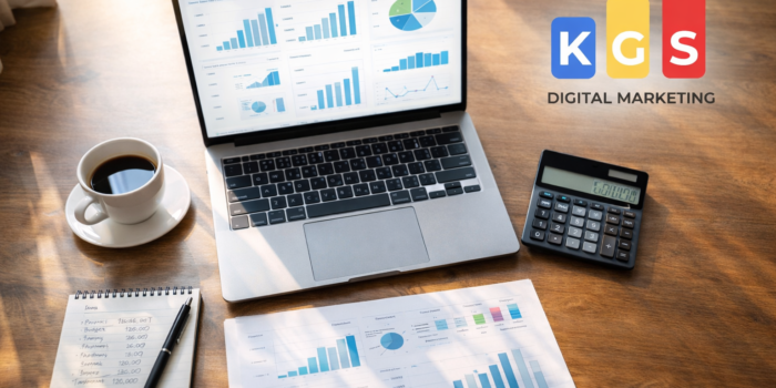 Top view of a modern wooden desk with laptop showing marketing analytics charts, calculator, budget notes, and KGS Digital Marketing logo representing digital marketing cost planning in Chennai