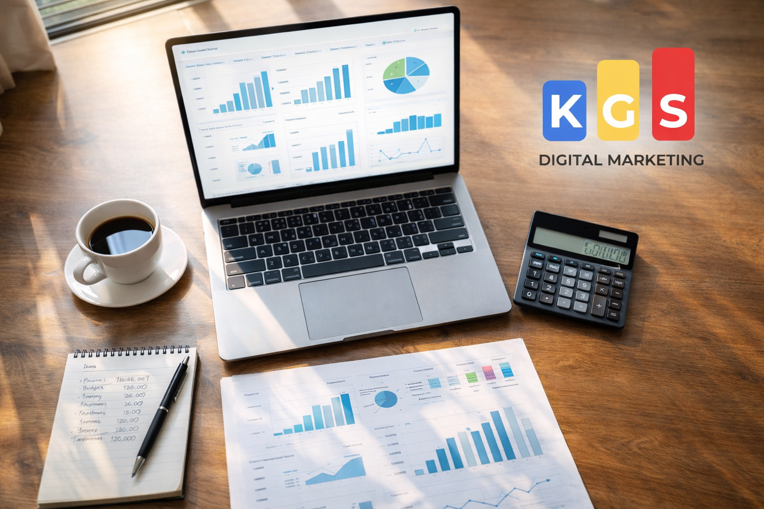 Top view of a modern wooden desk with laptop showing marketing analytics charts, calculator, budget notes, and KGS Digital Marketing logo representing digital marketing cost planning in Chennai