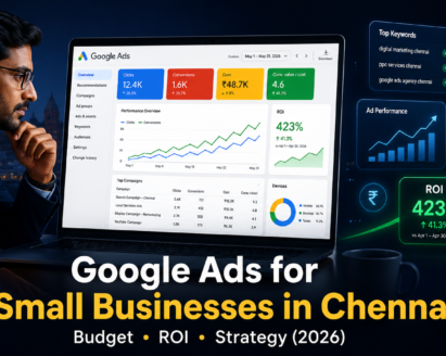 Google Ads for small businesses in Chennai showing budget planning and ROI growth dashboard