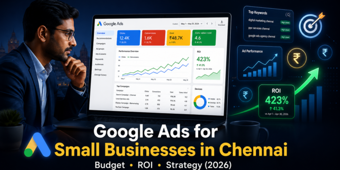 Google Ads for small businesses in Chennai showing budget planning and ROI growth dashboard