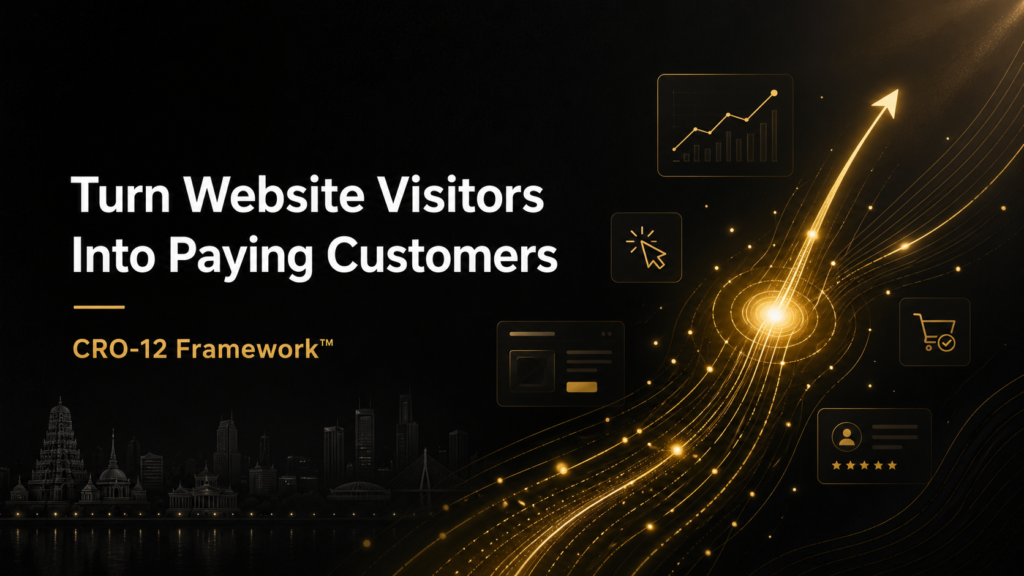 Premium black and gold website conversion optimization banner showing the text “Turn Website Visitors Into Paying Customers” with CRO-12 Framework™, alongside a glowing upward flow of particles, rising graph arrow, and minimal UI icons symbolizing growth and increased conversions.