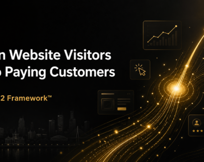 Premium black and gold website conversion optimization banner showing the text “Turn Website Visitors Into Paying Customers” with CRO-12 Framework™, alongside a glowing upward flow of particles, rising graph arrow, and minimal UI icons symbolizing growth and increased conversions.