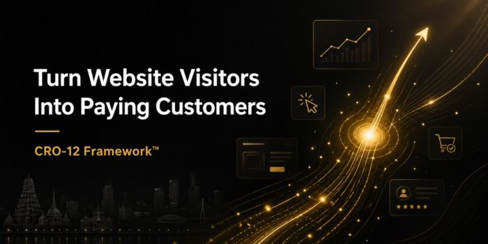Premium black and gold website conversion optimization banner showing the text “Turn Website Visitors Into Paying Customers” with CRO-12 Framework™, alongside a glowing upward flow of particles, rising graph arrow, and minimal UI icons symbolizing growth and increased conversions.