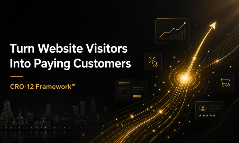 Premium black and gold website conversion optimization banner showing the text “Turn Website Visitors Into Paying Customers” with CRO-12 Framework™, alongside a glowing upward flow of particles, rising graph arrow, and minimal UI icons symbolizing growth and increased conversions.