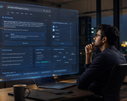 Futuristic Google AI Search interface in 2026 with Indian business owner analyzing AI Overview and semantic SEO visibility inside a modern Chennai startup office at night