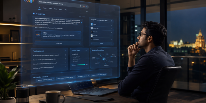 Futuristic Google AI Search interface in 2026 with Indian business owner analyzing AI Overview and semantic SEO visibility inside a modern Chennai startup office at night