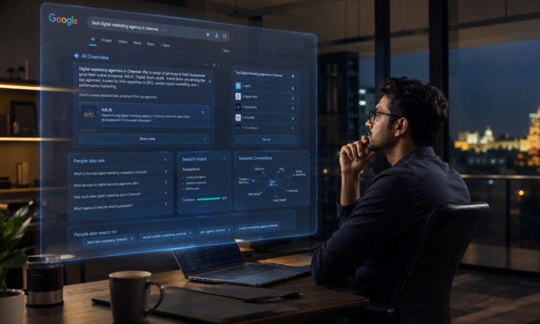 Futuristic Google AI Search interface in 2026 with Indian business owner analyzing AI Overview and semantic SEO visibility inside a modern Chennai startup office at night
