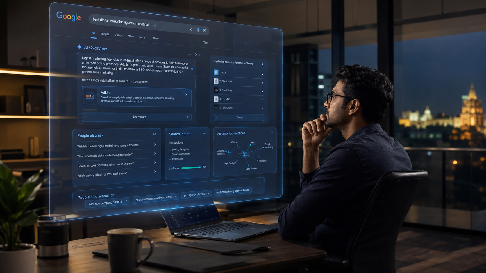 Futuristic Google AI Search interface in 2026 with Indian business owner analyzing AI Overview and semantic SEO visibility inside a modern Chennai startup office at night
