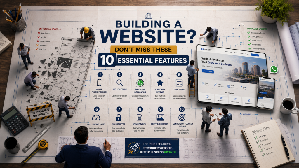Business website blueprint showing 10 essential website features including SEO, mobile responsiveness, WhatsApp integration, lead forms, and conversion-focused design