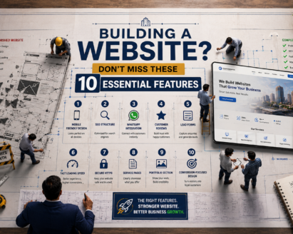 Business website blueprint showing 10 essential website features including SEO, mobile responsiveness, WhatsApp integration, lead forms, and conversion-focused design