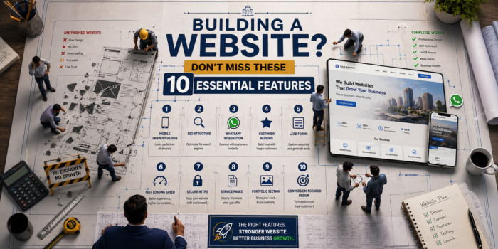 Business website blueprint showing 10 essential website features including SEO, mobile responsiveness, WhatsApp integration, lead forms, and conversion-focused design