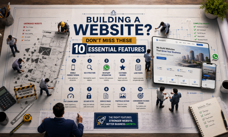 Business website blueprint showing 10 essential website features including SEO, mobile responsiveness, WhatsApp integration, lead forms, and conversion-focused design